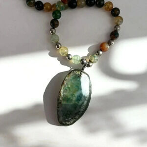 Agate Beaded Green Natural Stone Oval Vintage Long Pendant Necklace - 17"